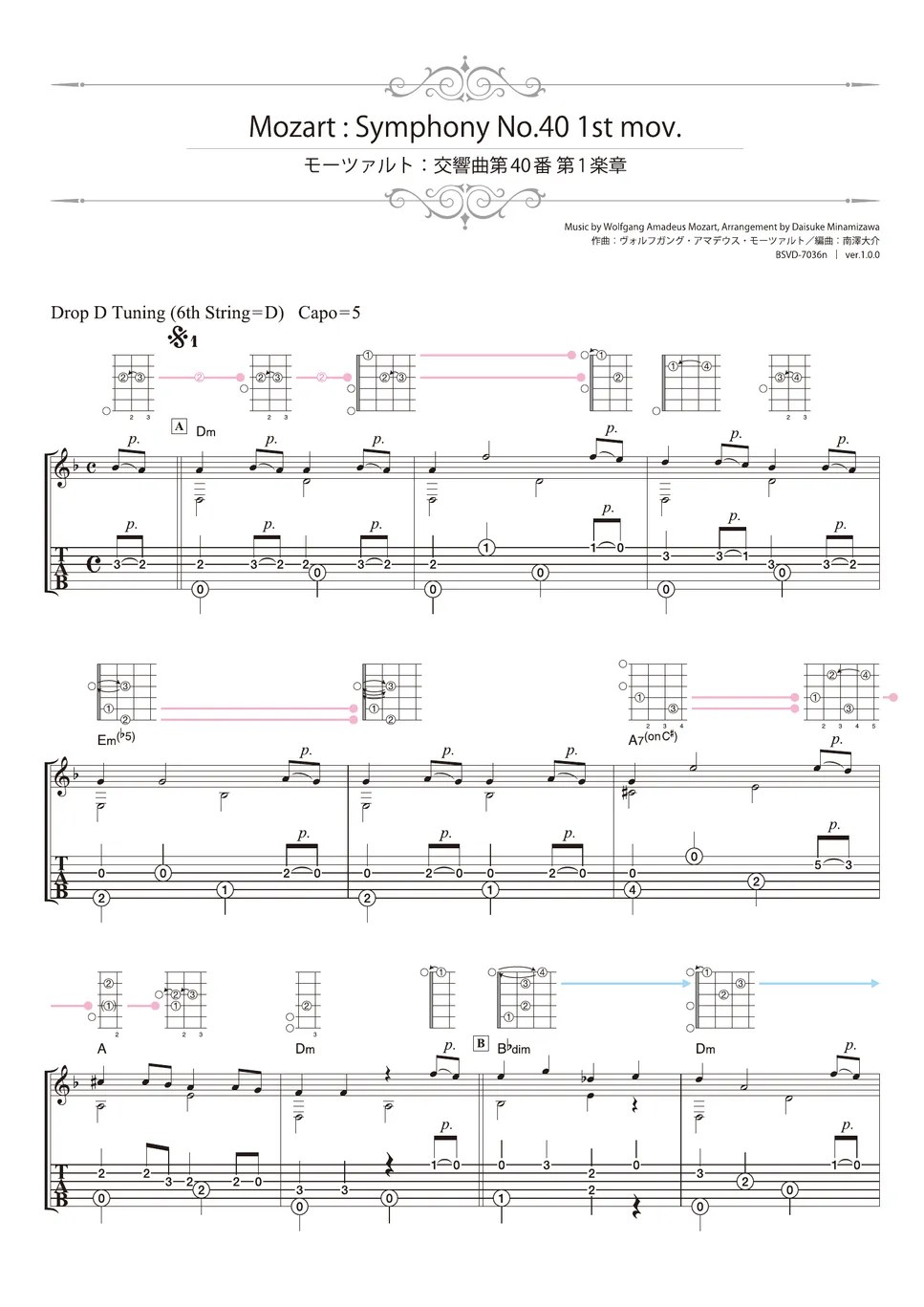 Mozart Symphony No.40 1st mov. (Solo Guitar) Tab + 1staff by Daisuke