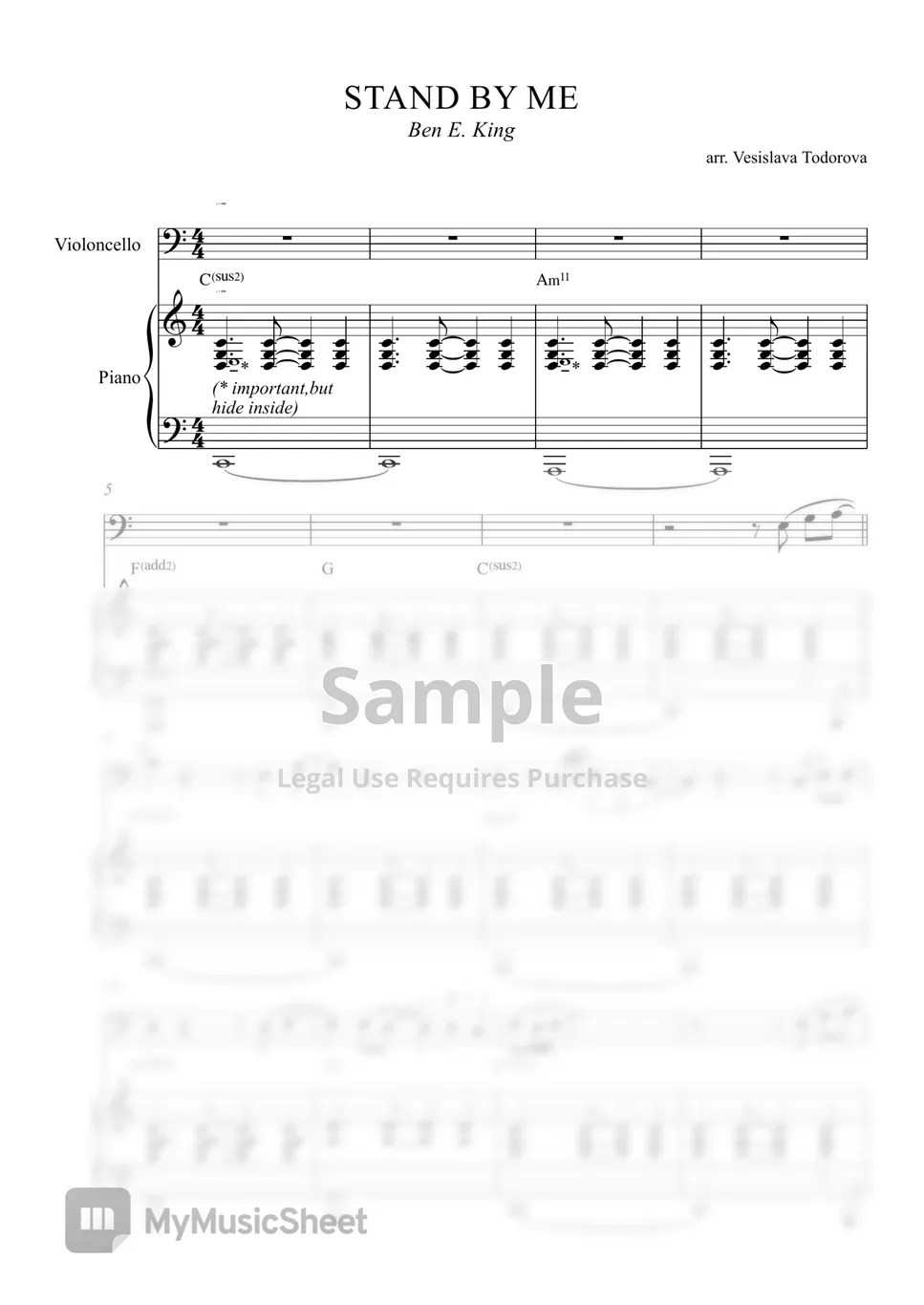 Ben E King Stand by Me Cello & Piano (Transposed to C Major) Sheets