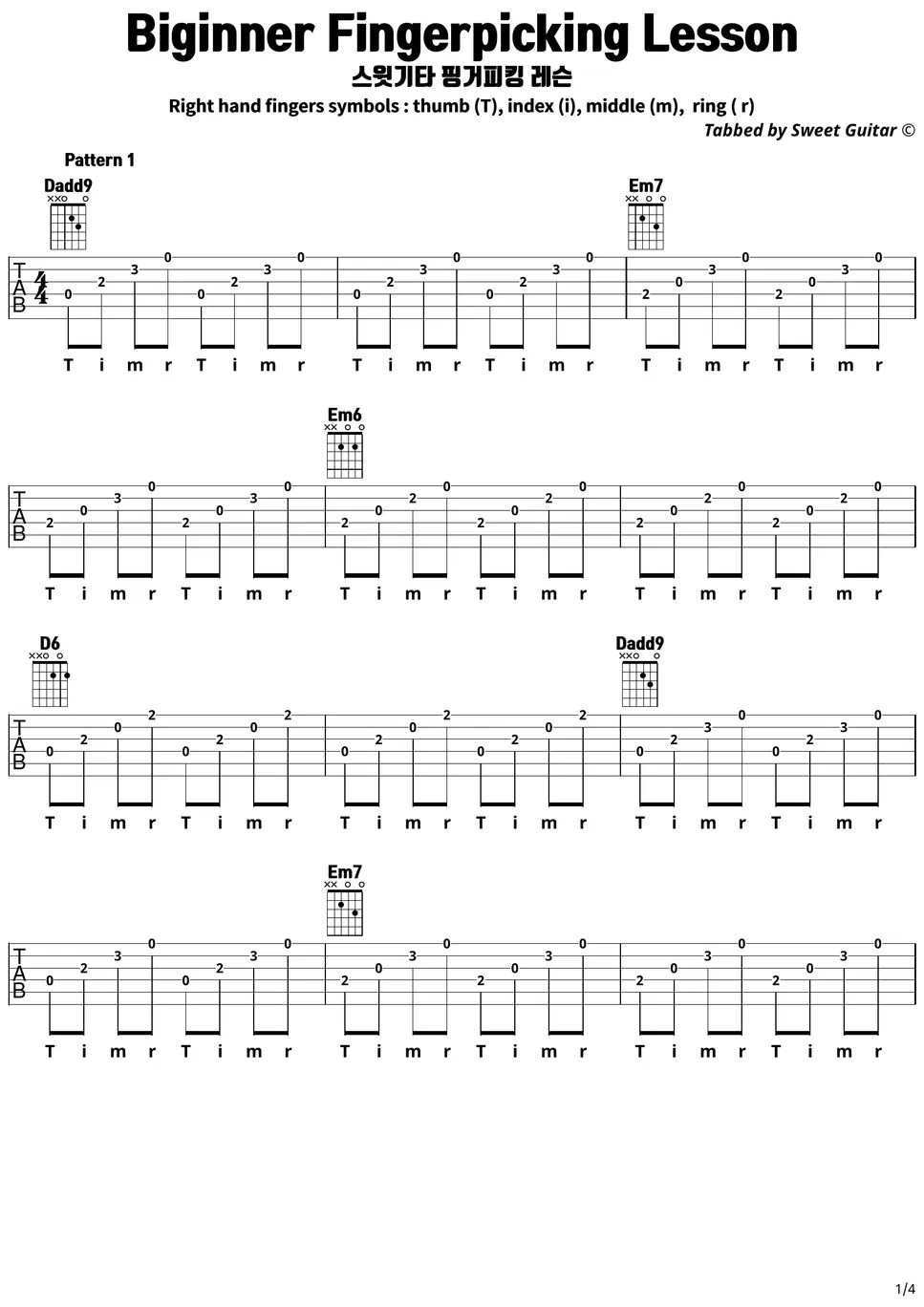 Beginner Fingerpicking Guitar Lesson TABS + Chordsㅣ 초보자를 위한 기본 아르페지오 핑거