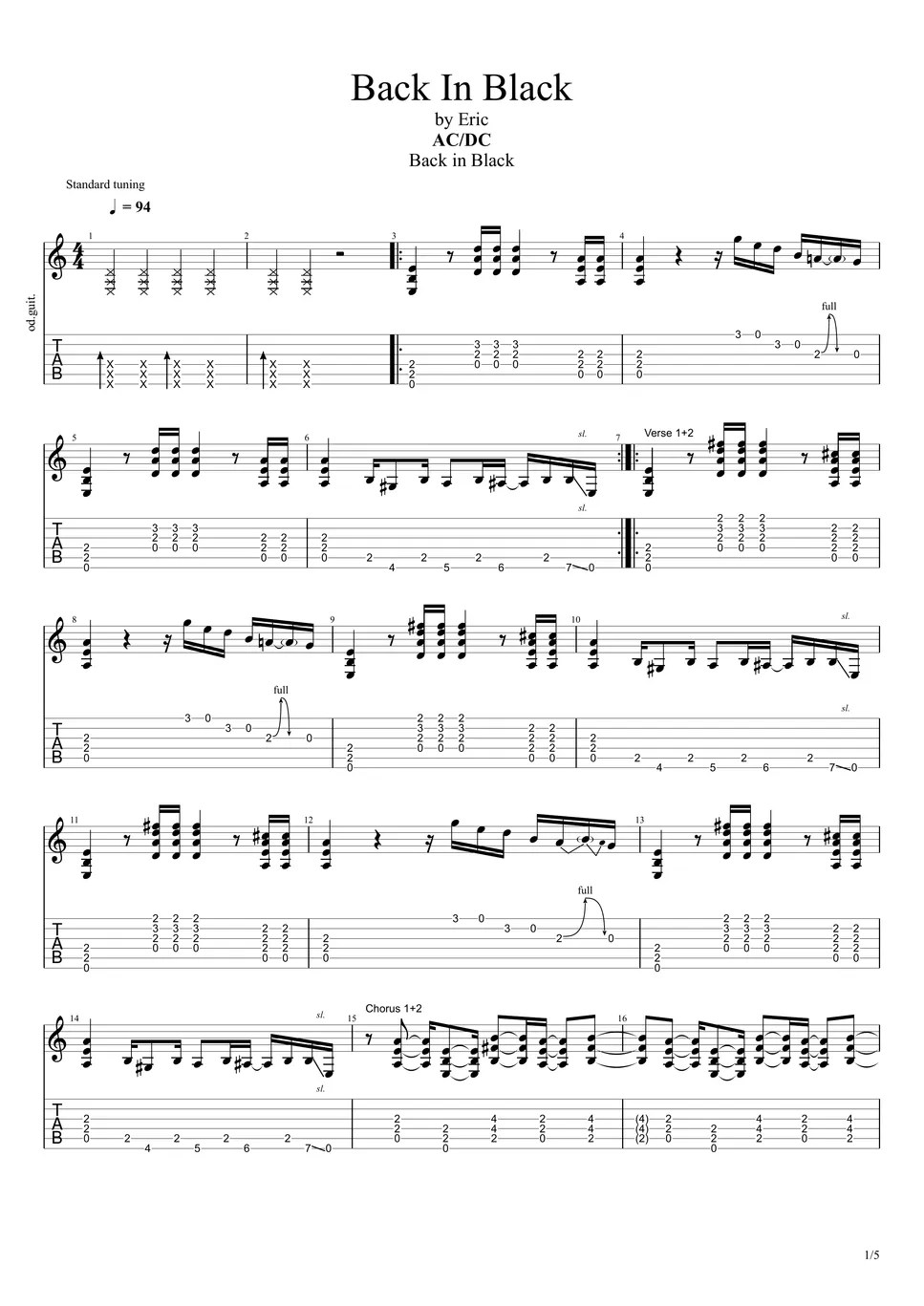 AC/DC Back in Black (Guitar Backing & Solo) Sheets by Eric