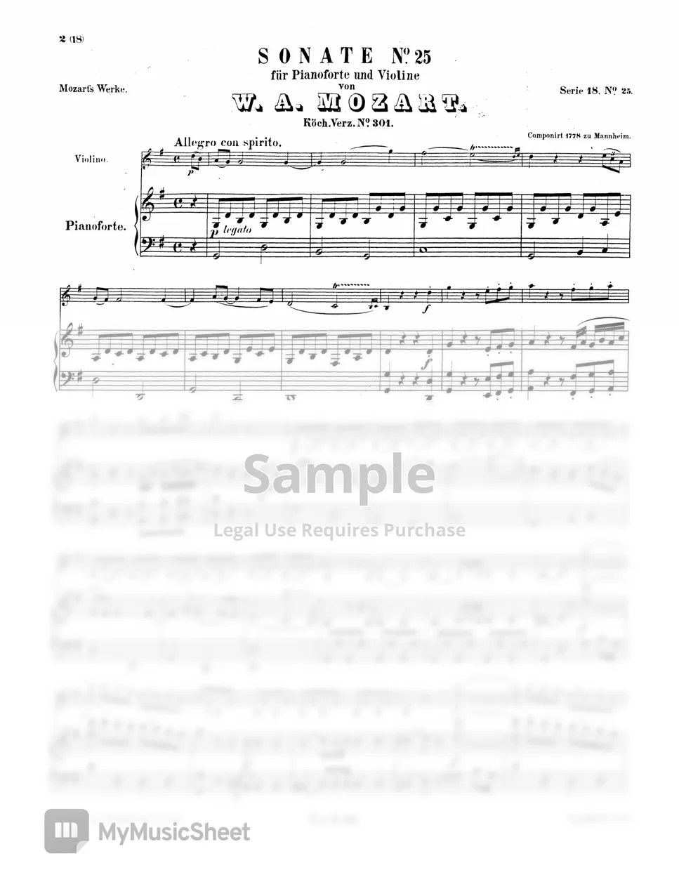 W.A.Mozart Violin Sonata No. 25, G Major, K. 301 악보 by Original Sheet