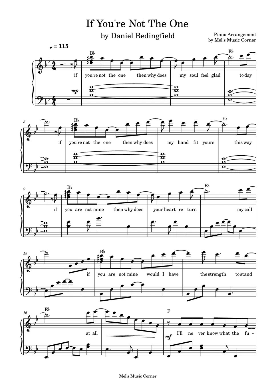 Daniel Bedingfield If You're Not the One (piano sheet music) Sheet by Mel's Music Corner