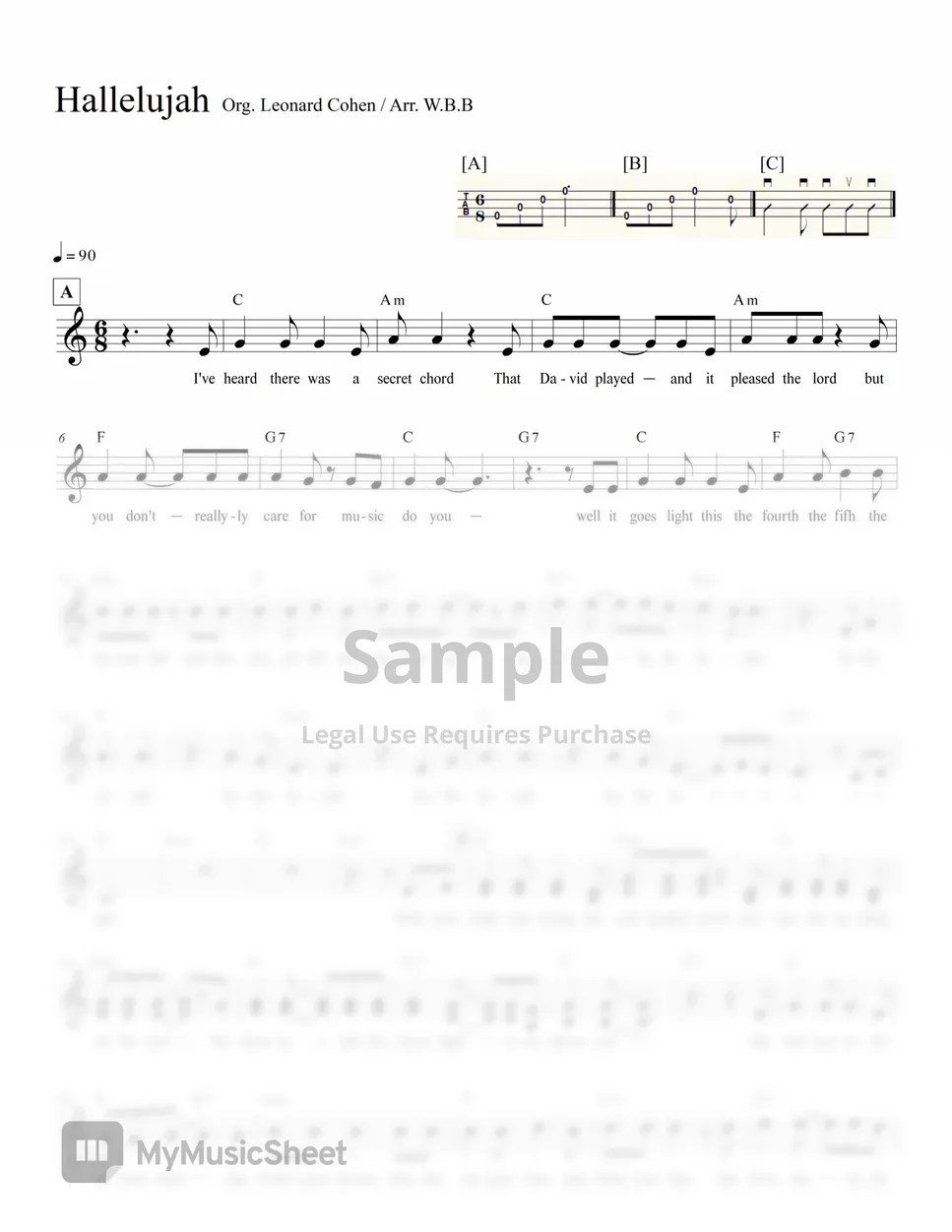 Leonard Cohen Hallelujah (C Key) 악보 by WBB