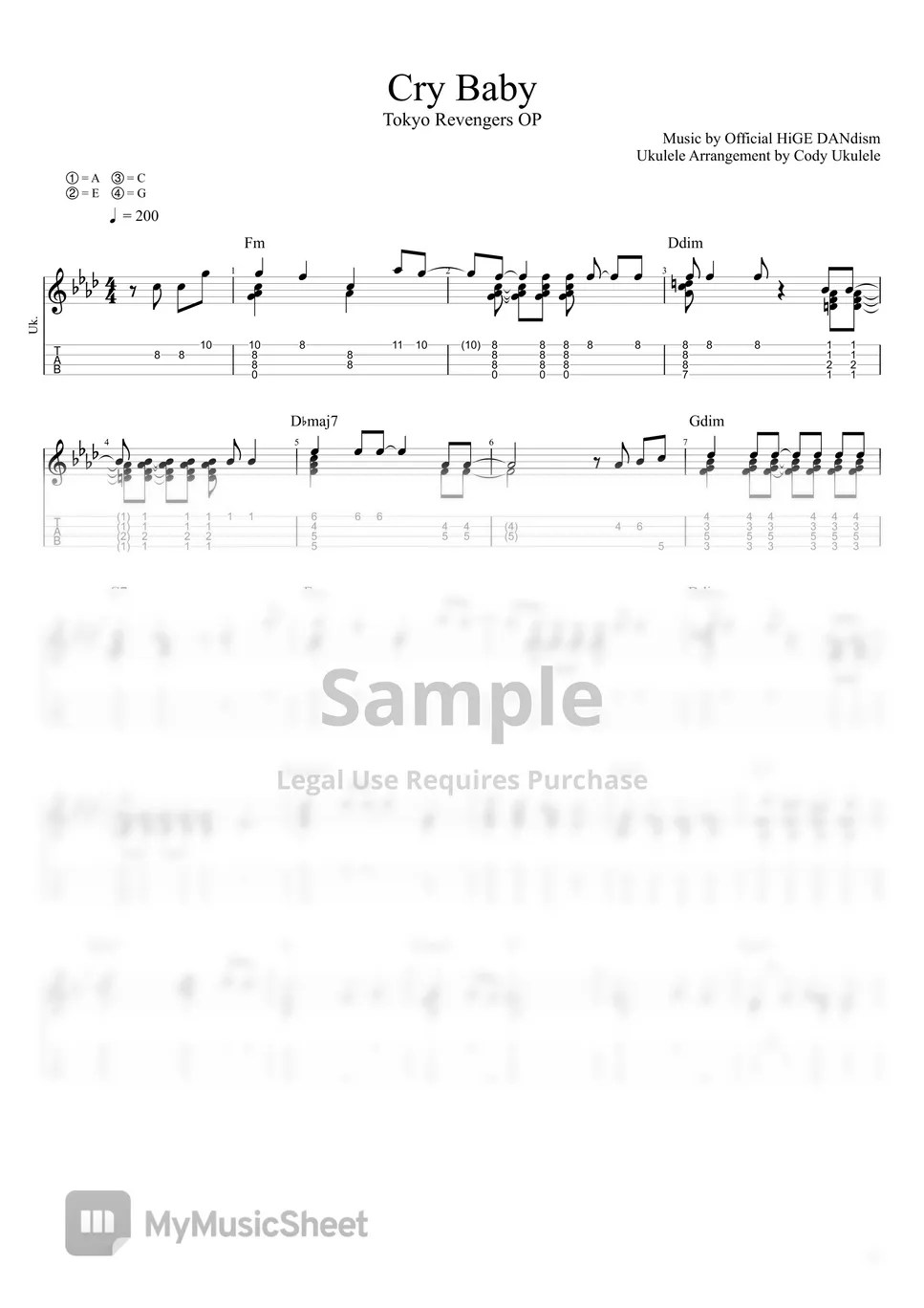 Official Higedan Dism Cry Baby Tab + 1staff by Cody Ukulele