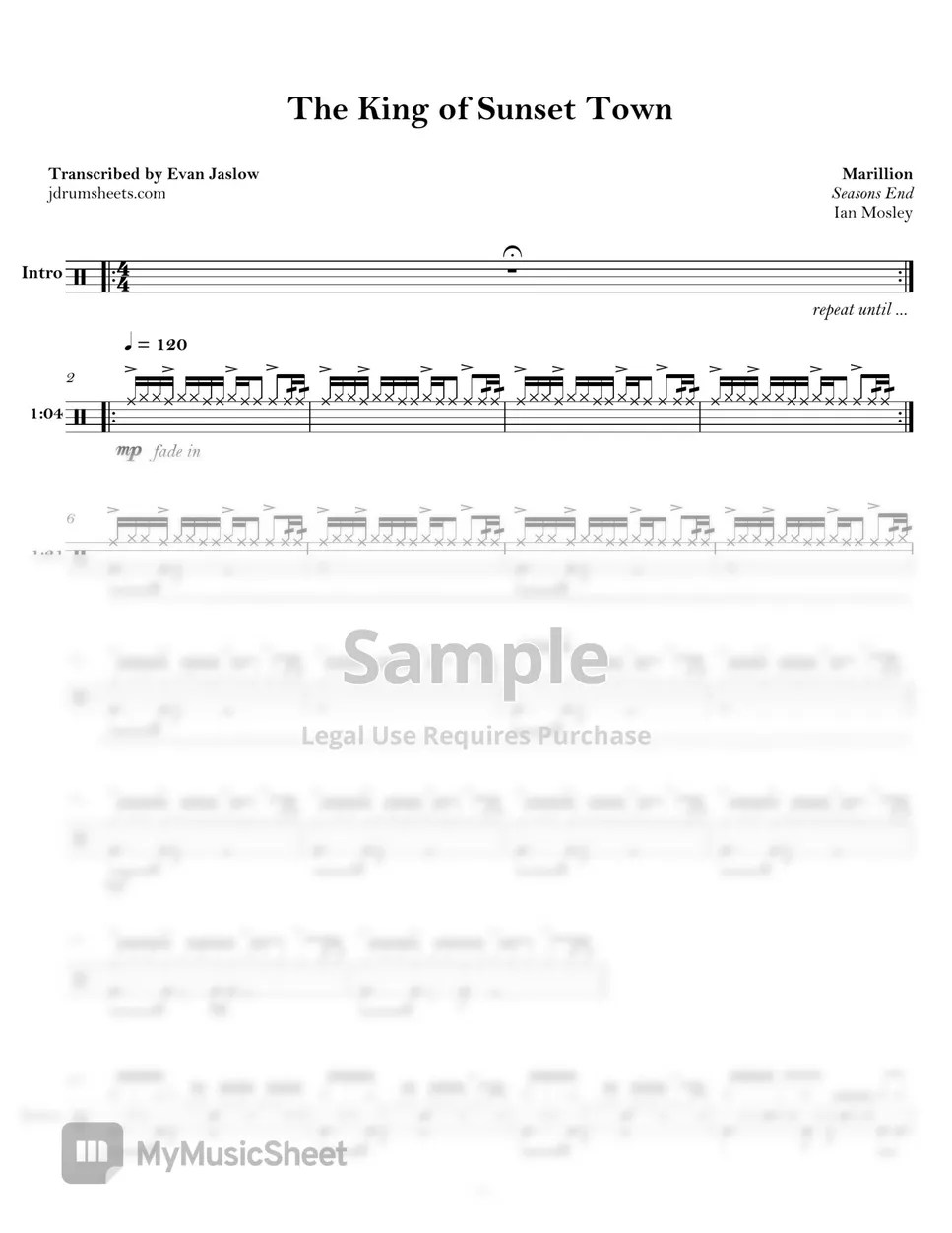 Marillion The King of Sunset Town Sheets by Evan Jaslow