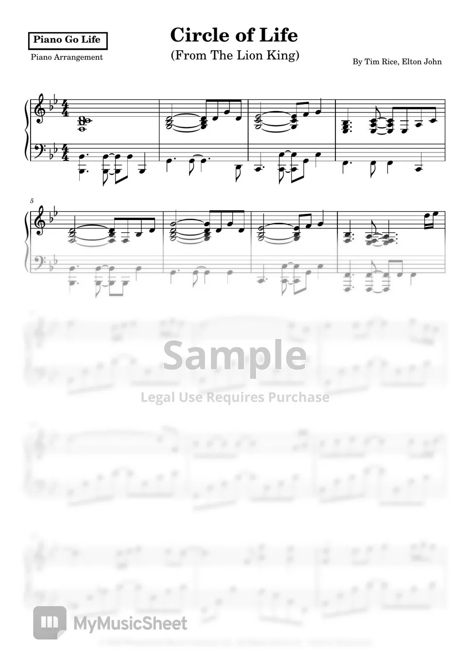 Elton John Circle Of Life (Lion King) Sheets by Piano Go Life