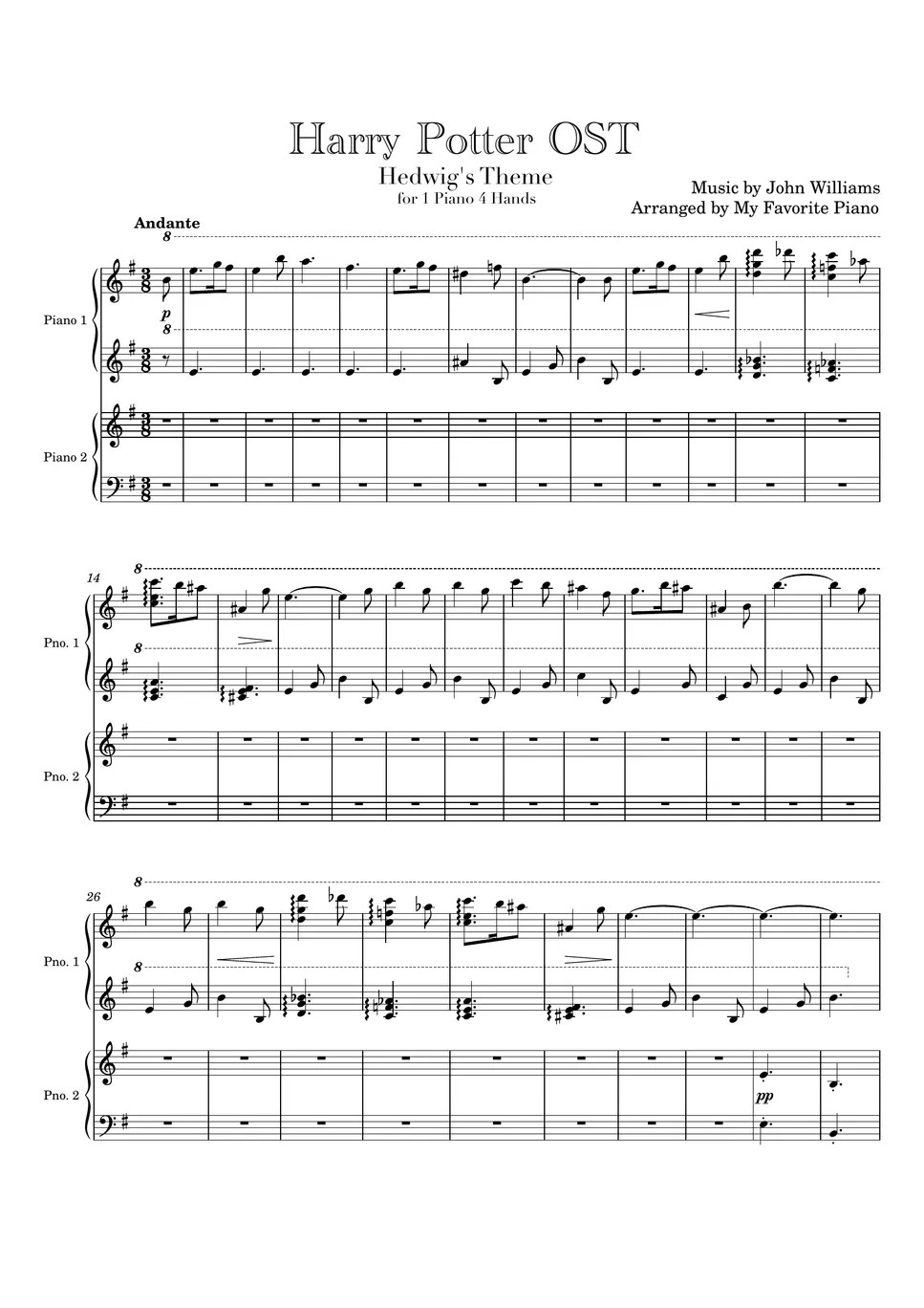 Harry Potter OST Hedwig's Theme (4 Hands, Difficult ver.) Sheets by