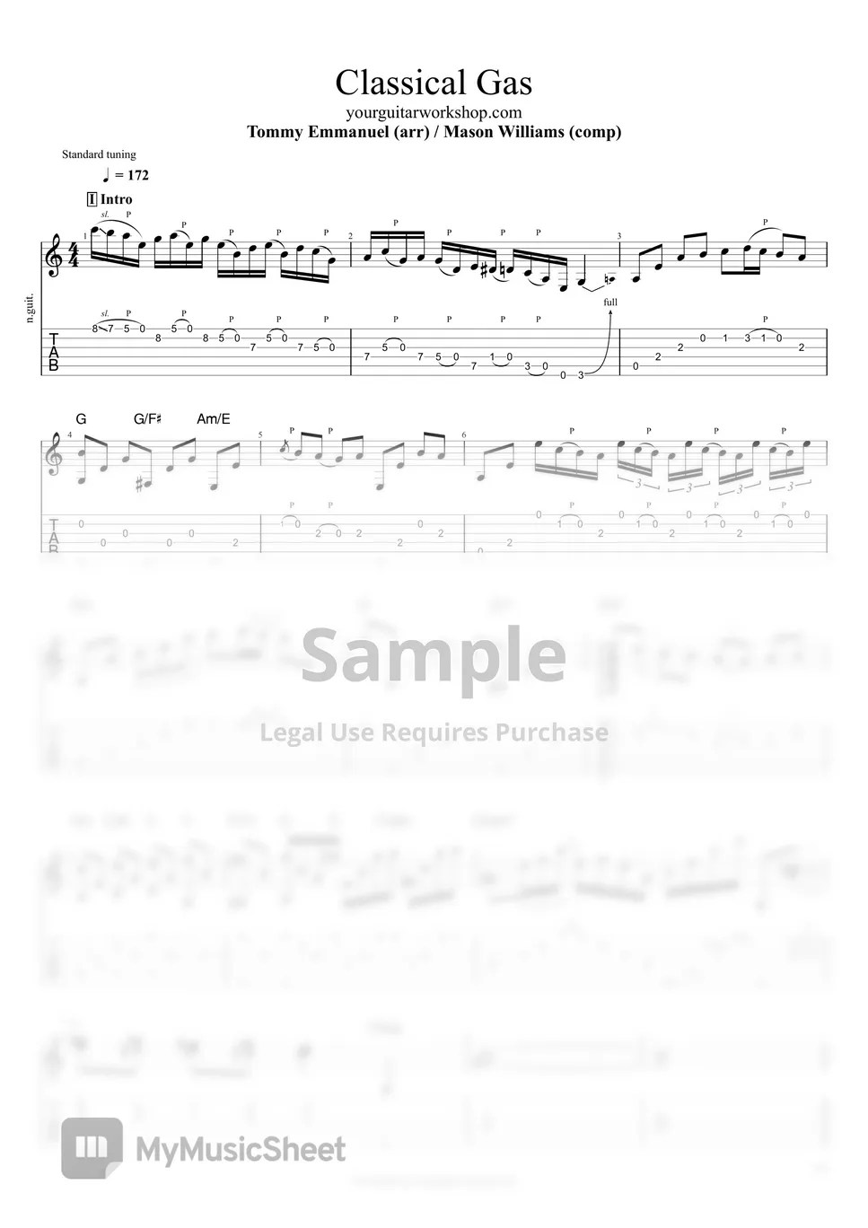 Mason Williams Classical Gas (YouTube Version) Sheets by Tommy Emmanuel