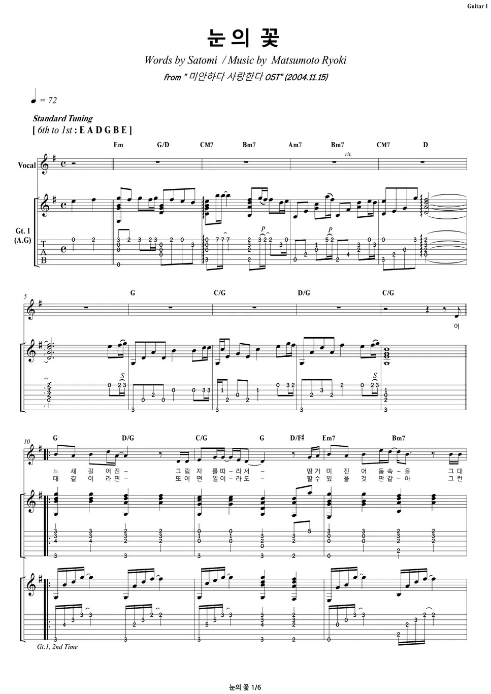 박효신 Park Hyo Shin 눈의 꽃 Snow Flower Guitar 기타 Notenblatt