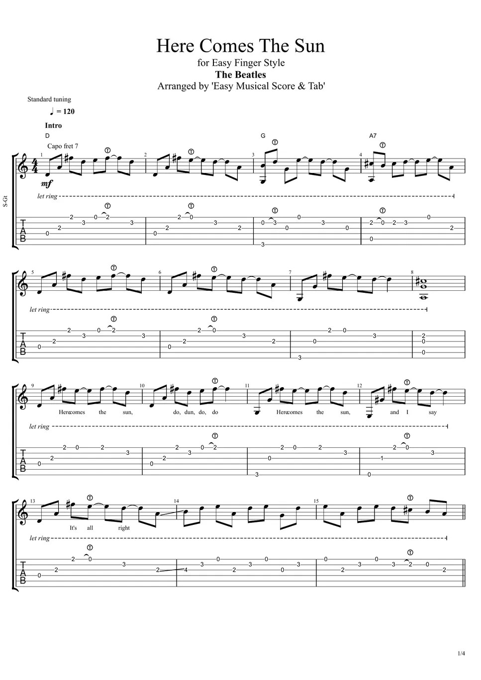 The Beatles Here Comes The Sun (Tab for easy Finger Style) Tab