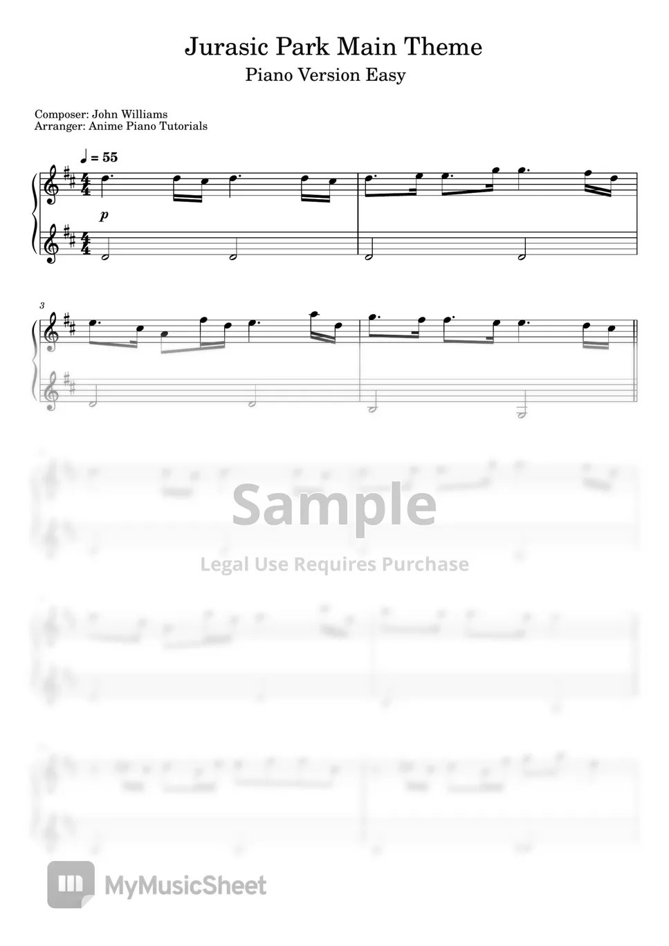 John Williams Jurassic Park Main Theme 악보 by Anime Piano Tutorials