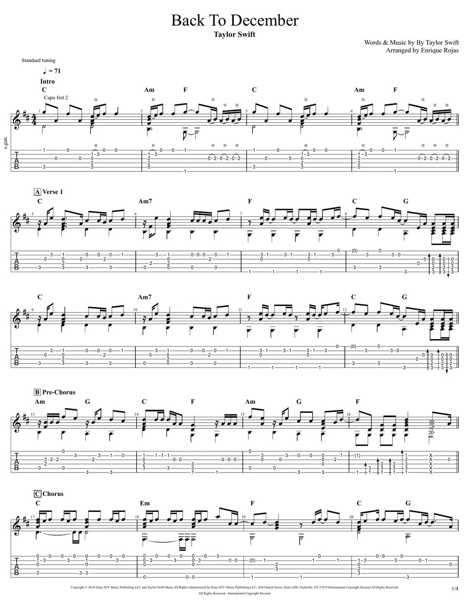Taylor Swift Back To December (Solo Fingerstyle Guitar) Tab + 1staff