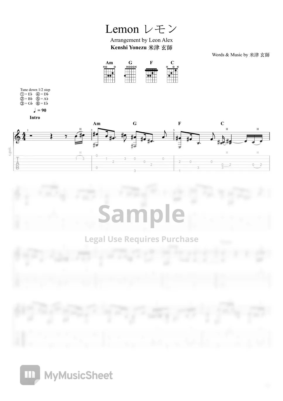 Kenshi Yonezu Lemon (Guitar) 악보 by Leon Alex