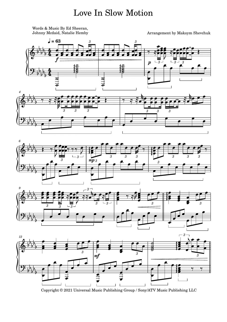 Ed Sheeran Love In Slow Motion Sheet by Maksym Shevchuk