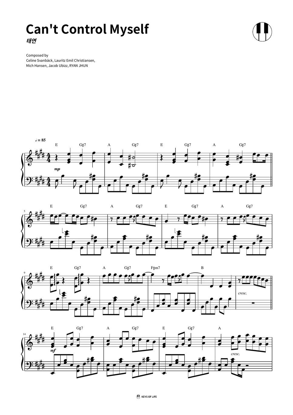 태연 Can't Control Myself 악보 by KEYS OF LIFE
