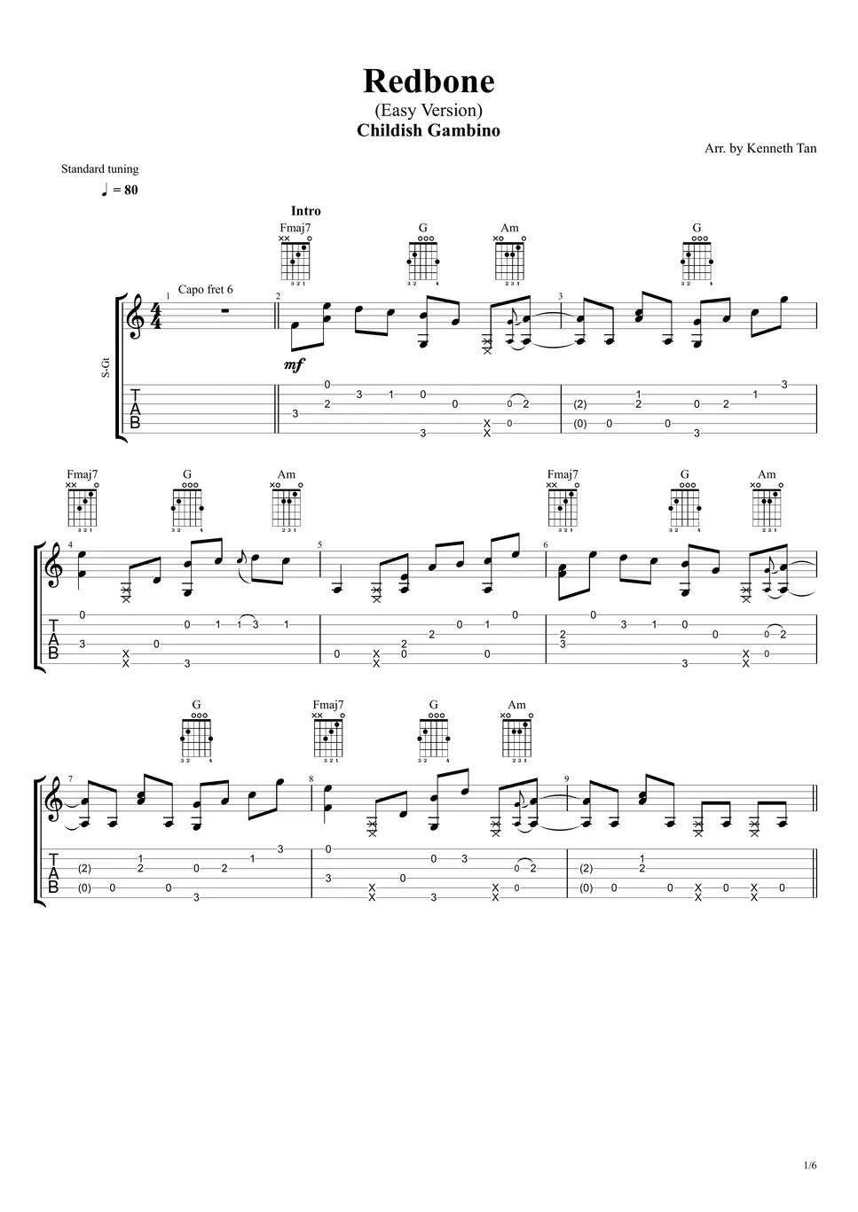 Childish Gambino Fingerstyle Guitar Redbone (Easy Version) Sheets