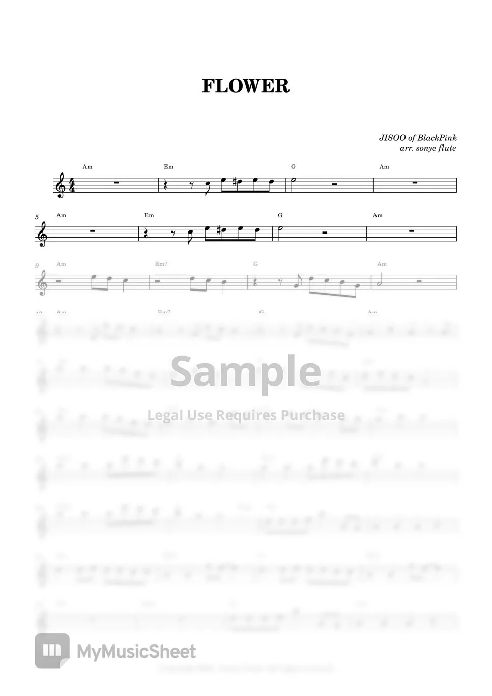 JISOO 지수 Flower 꽃 (Flute Sheet Music) 악보 by sonye flute