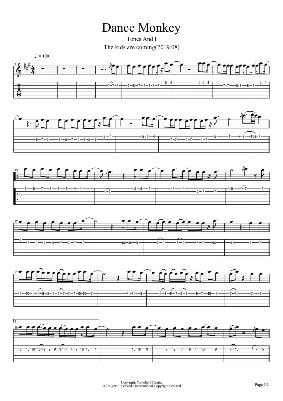 TONES AND I DANCE MONKEY Guitar 악보 by FFGuitar