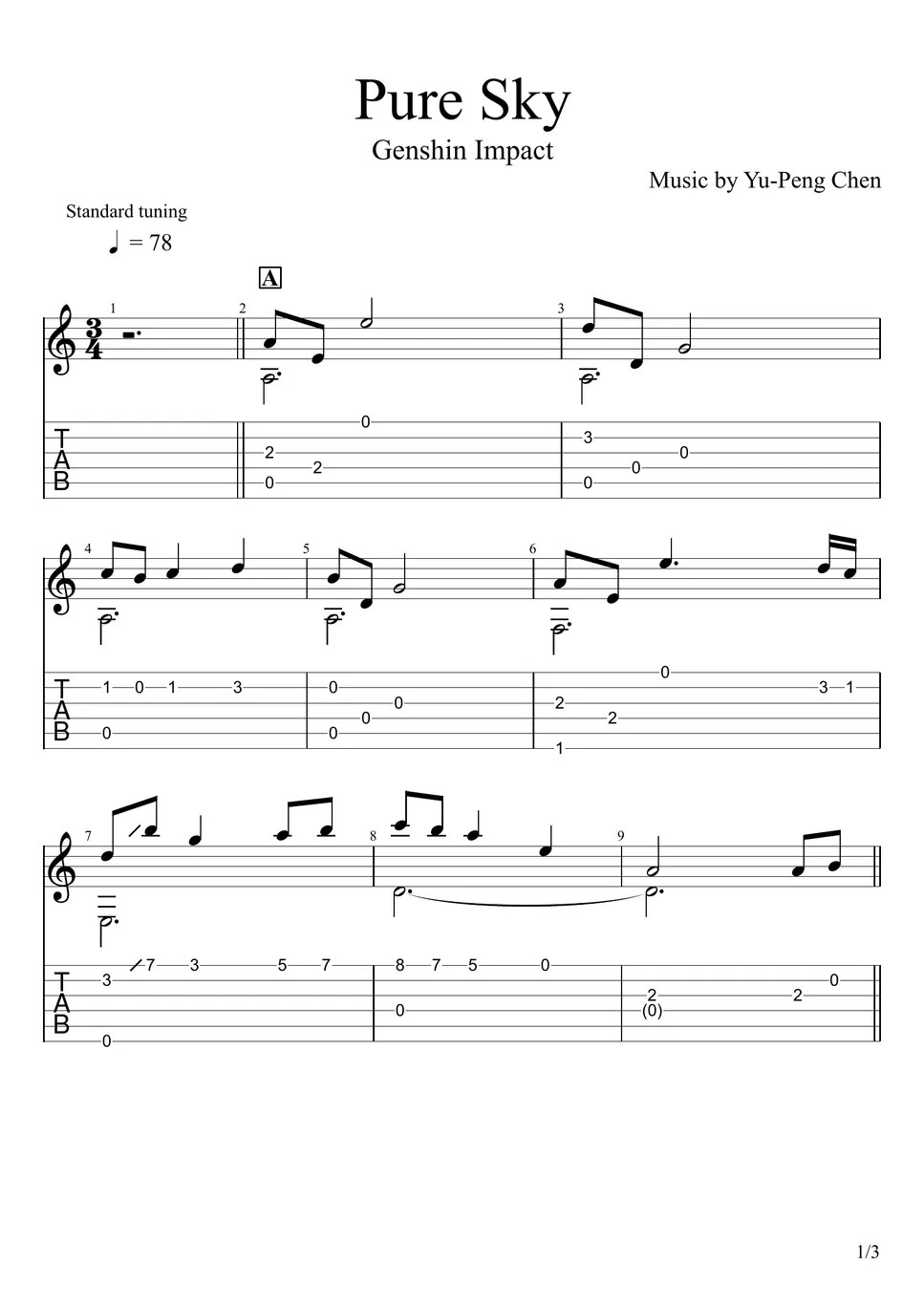 Genshin Impact Pure Sky (Fingerstyle) TAB by u3danchou