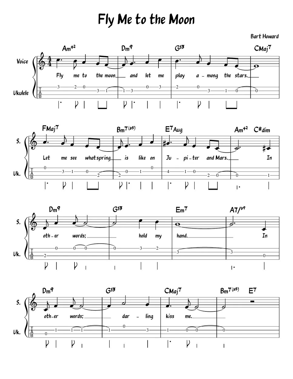 Bart Howard Fly Me to the Moon in Key C (Chord/Melody/Lyrics/Ukulele