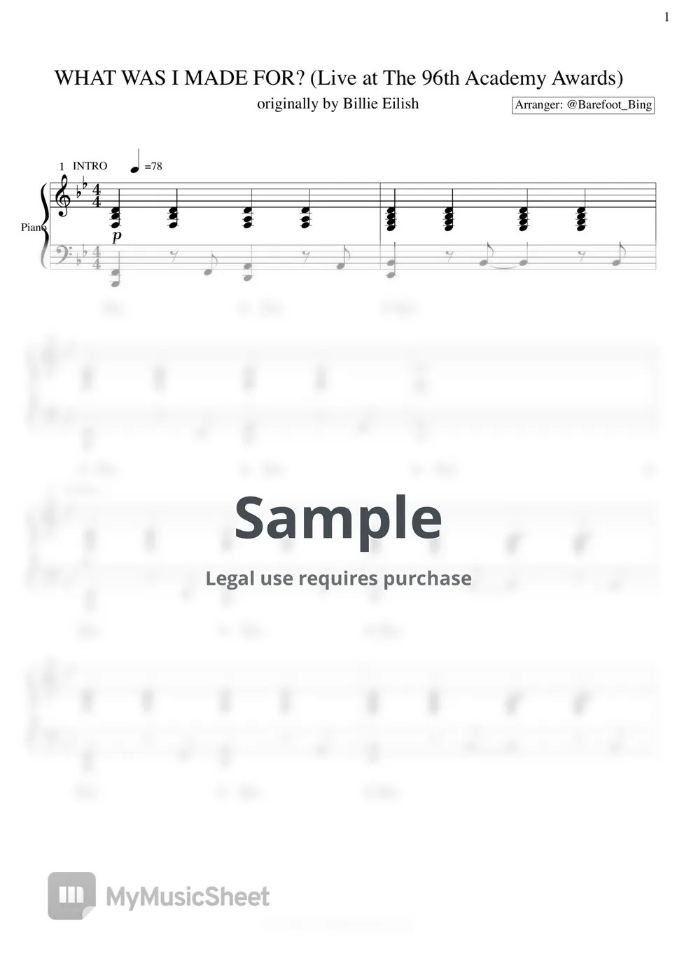 Billie Eilish What Was I Made For? (Live at The Academy Awards 2024) Sheets by Barefoot Bing