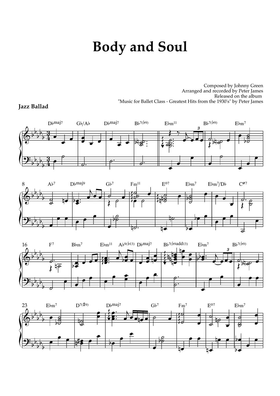 Johnny Green Body and Soul (Piano Solo) Sheets by Peter James