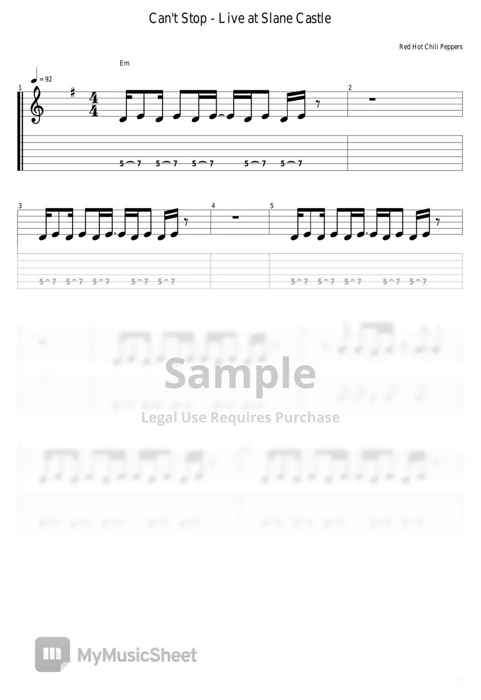 Red Hot Chili Peppers Can't Stop (Live at Slane Castle) Tab + 1staff