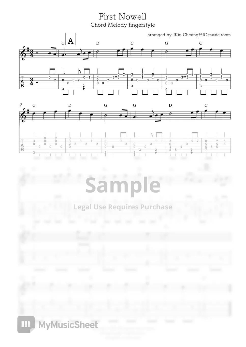 Christmas Song The First Noel (fingerstyle) Tab + 1staff by JKin