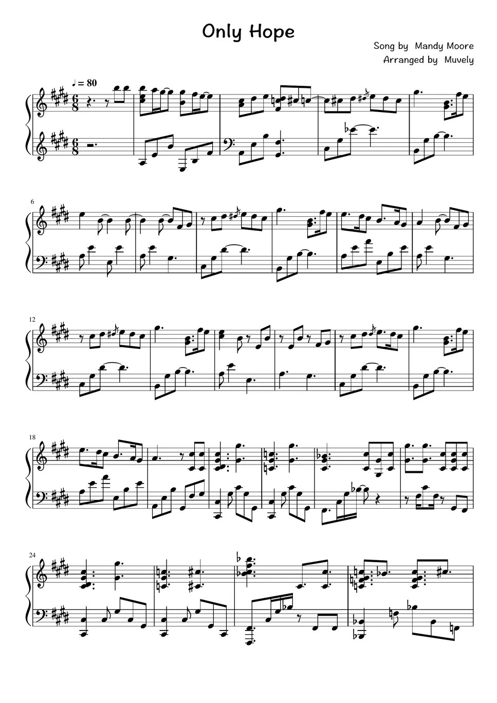 Mandy Moore - Only Hope (A Walk To Remember OST) 악보 by Muvely