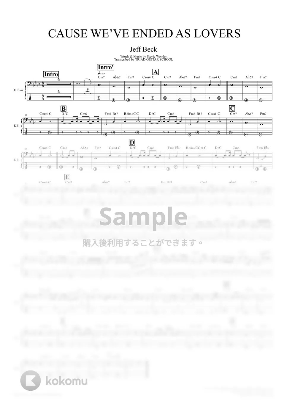 JEFF BECK Cause We've Ended As Lovers (ベーススコア・歌詞・コード付き) タブ + 五線譜 by