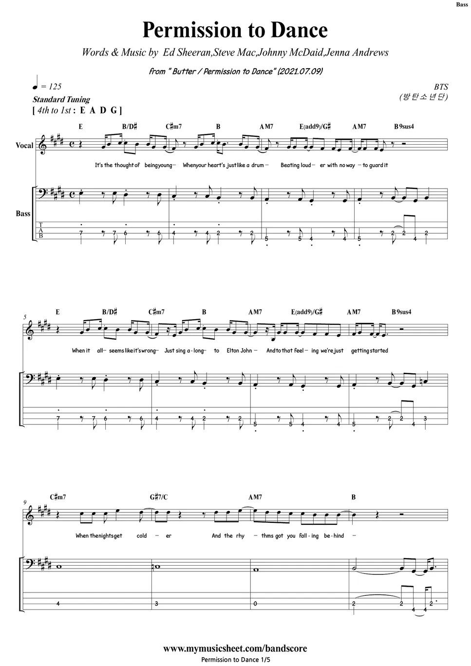 BTS Permission to Dance Bass / Backing Track Partitura