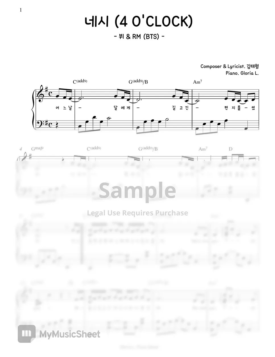 V & RM (BTS) 네시 (4 O'CLOCK) 악보 by Gloria L.