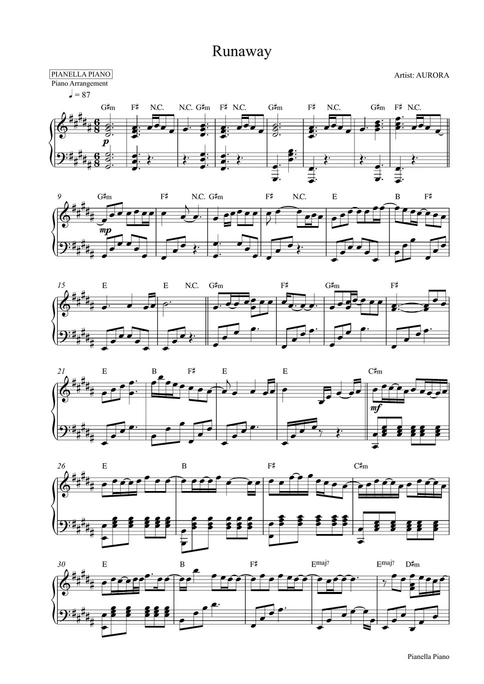 AURORA Runaway (Piano Sheet) Sheet by Pianella Piano