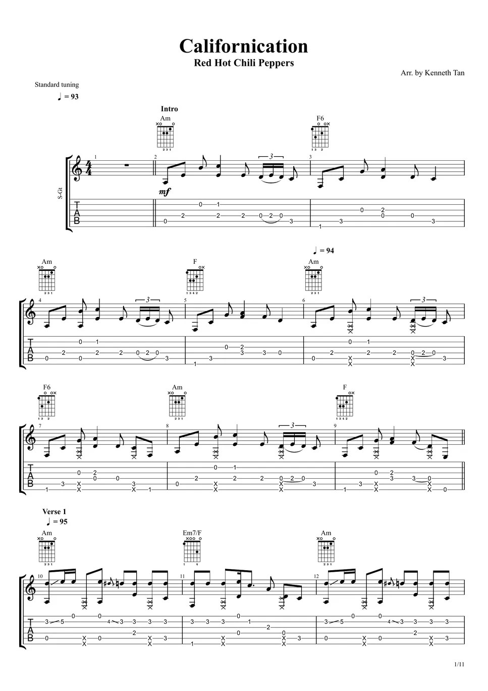 Red Hot Chili Peppers Fingerstyle Guitar Californication 악보 by