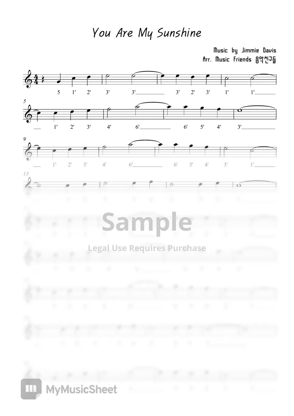 Jimmie Davis You Are My Sunshine (17키 칼림바(오선보+숫자악보)) Sheets by Arr