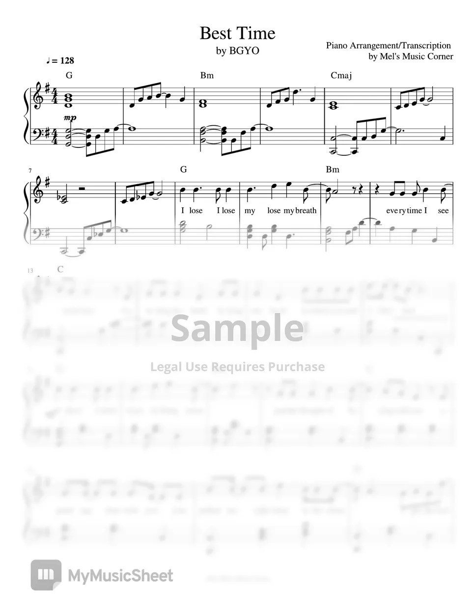 BGYO Best Time (piano sheet music) Sheets by Mel's Music Corner