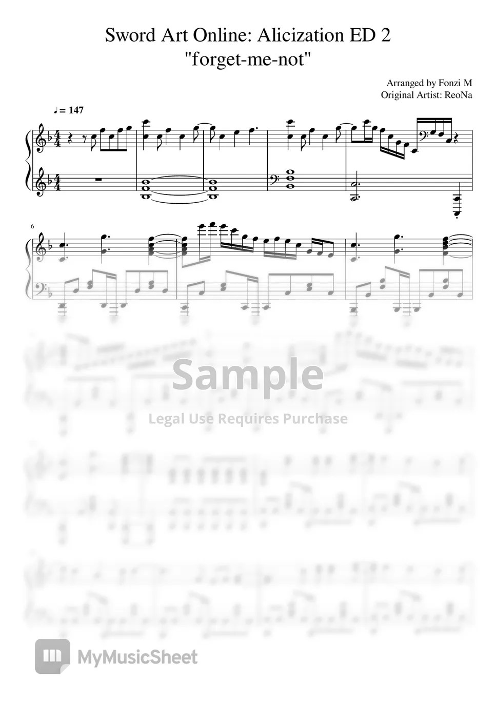 ReoNa Sword Art Online Alicization ED 2 악보 by Fonzi M