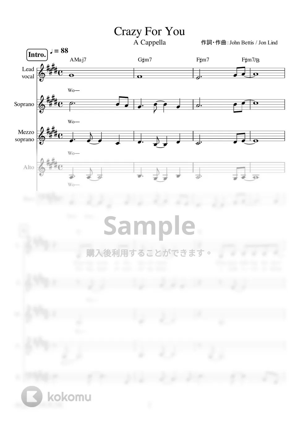 Madonna Crazy For You (アカペラ楽譜♪5声ボイパなし) 楽譜 by 飯田 亜紗子