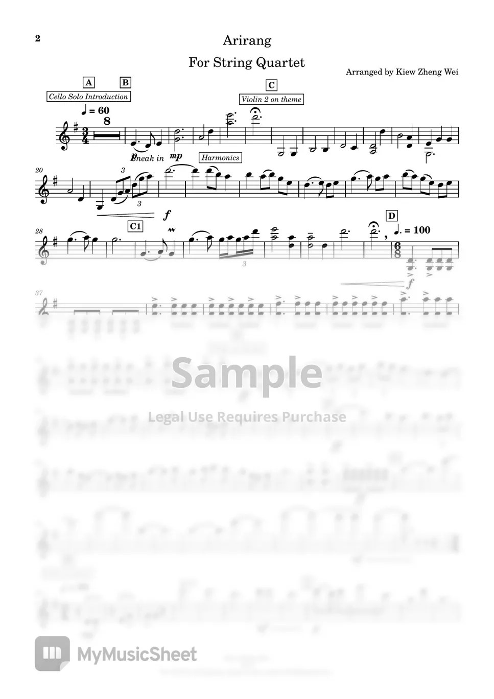 Arirang for String Quartet Sheets by KIEW ZHENG WEI