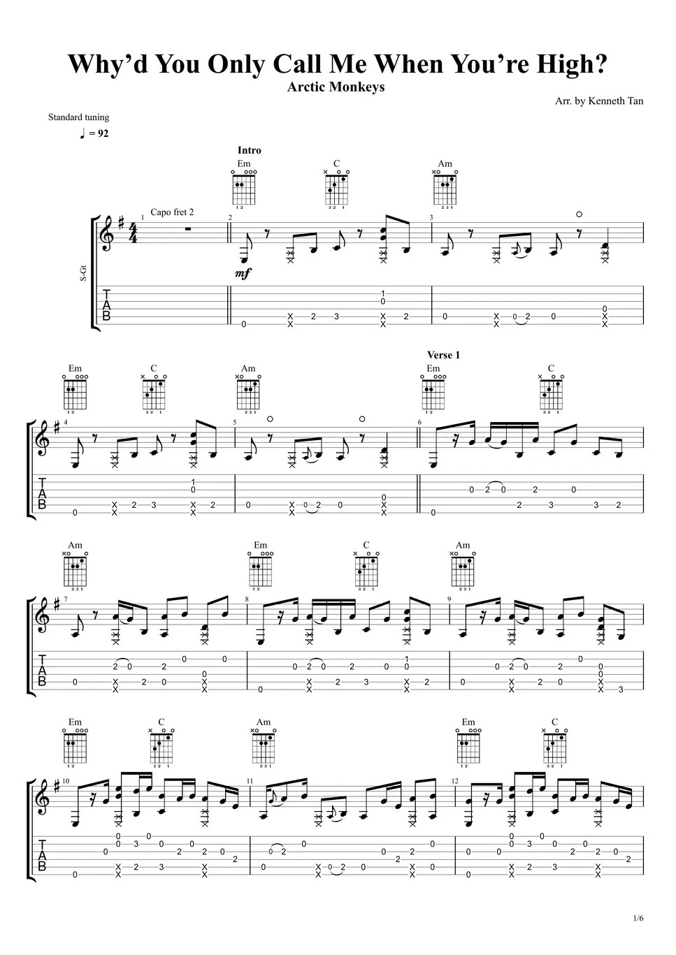 Arctic Monkeys | Fingerstyle Guitar - Why'd You Only Call Me When You're High? Sheets by Kenneth