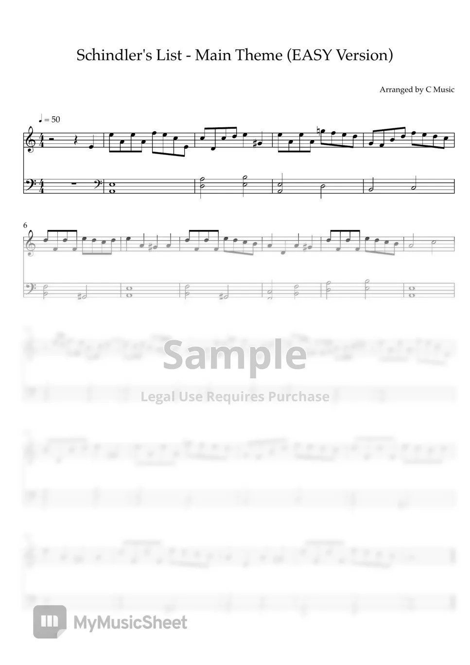 John Williams Schindler's List Main Theme (Easy Version) Sheets by C