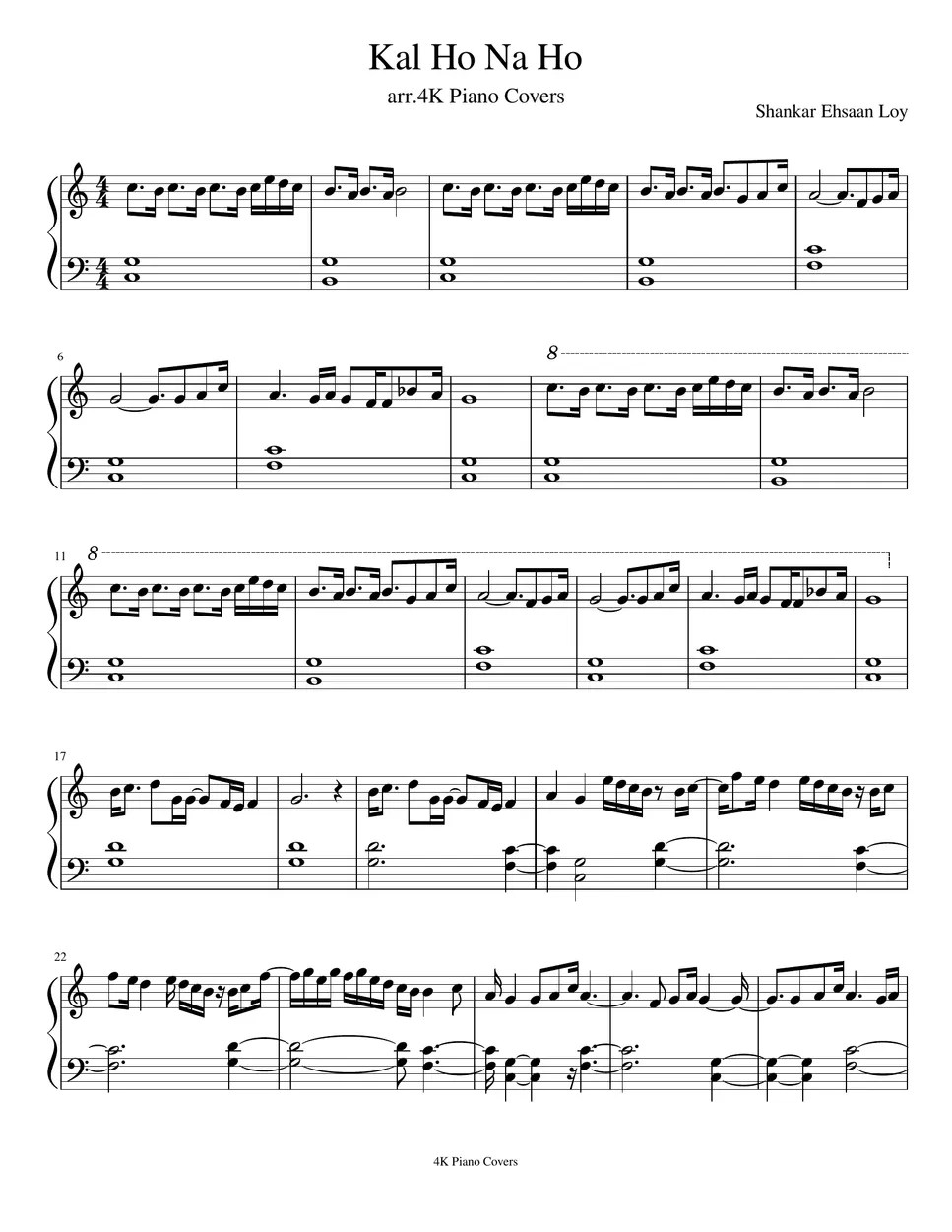 ShankarEhsaanLoy Kal Ho Na Ho easy piano 曲谱 by 4k piano covers