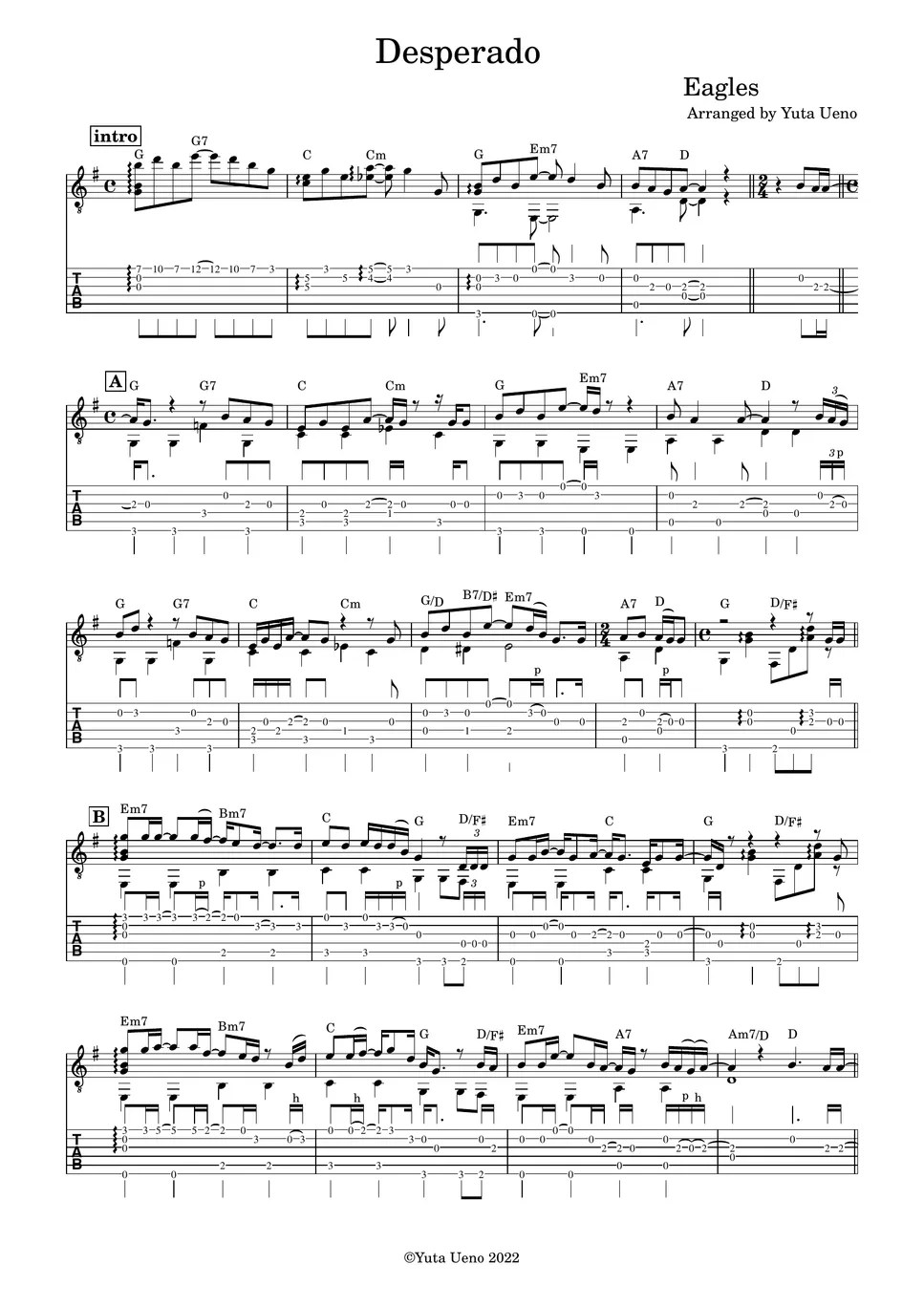 Eagles Desperado (Fingerstyle) Tab + 1staff by Yuta Ueno