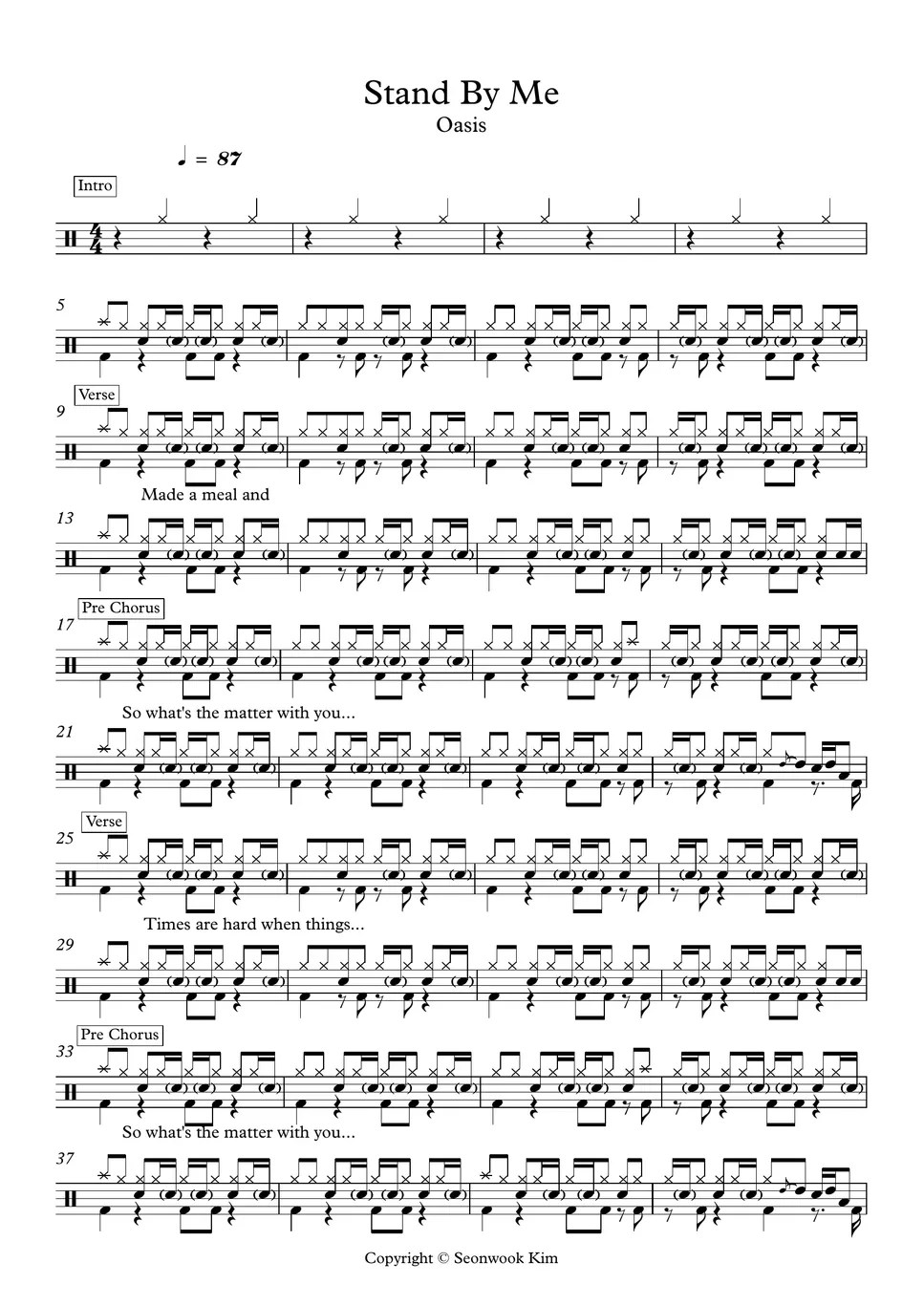 Oasis Stand By Me (드럼악보) แผ่น by Seonwook Kim