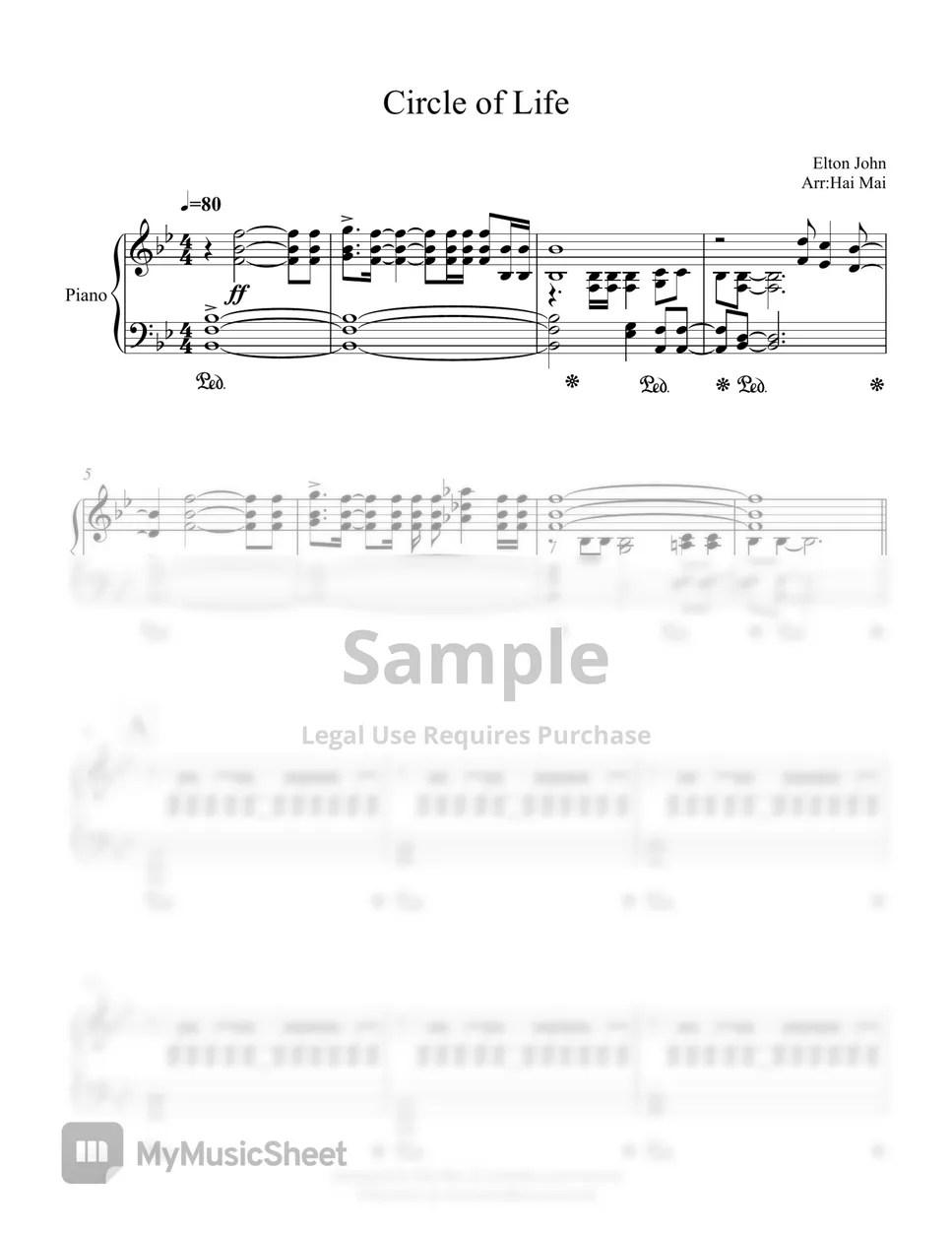 Elton John Circle of Life for Piano Sheets by Hai Mai