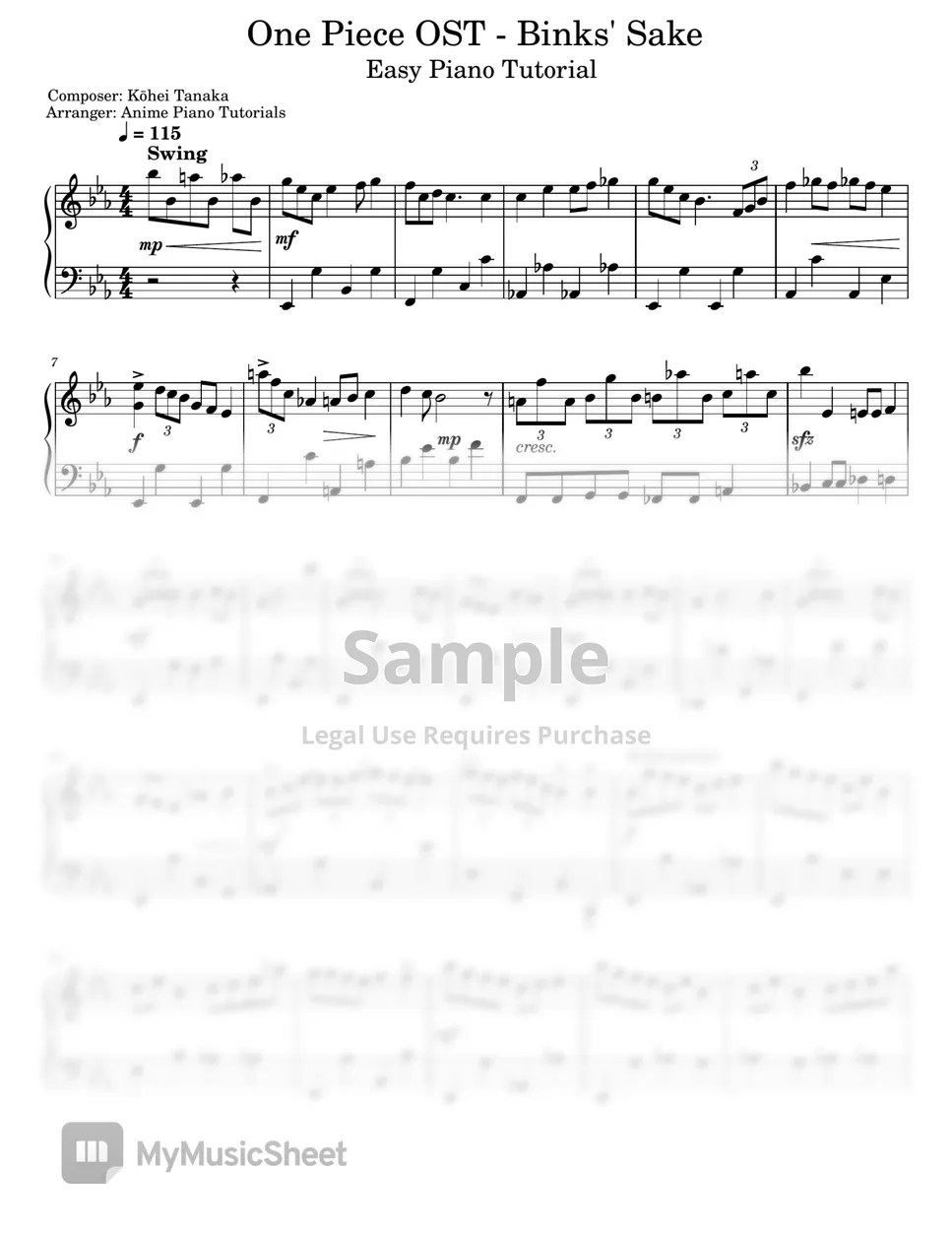 One Piece Binks sake Sheets by Anime Piano Tutorials