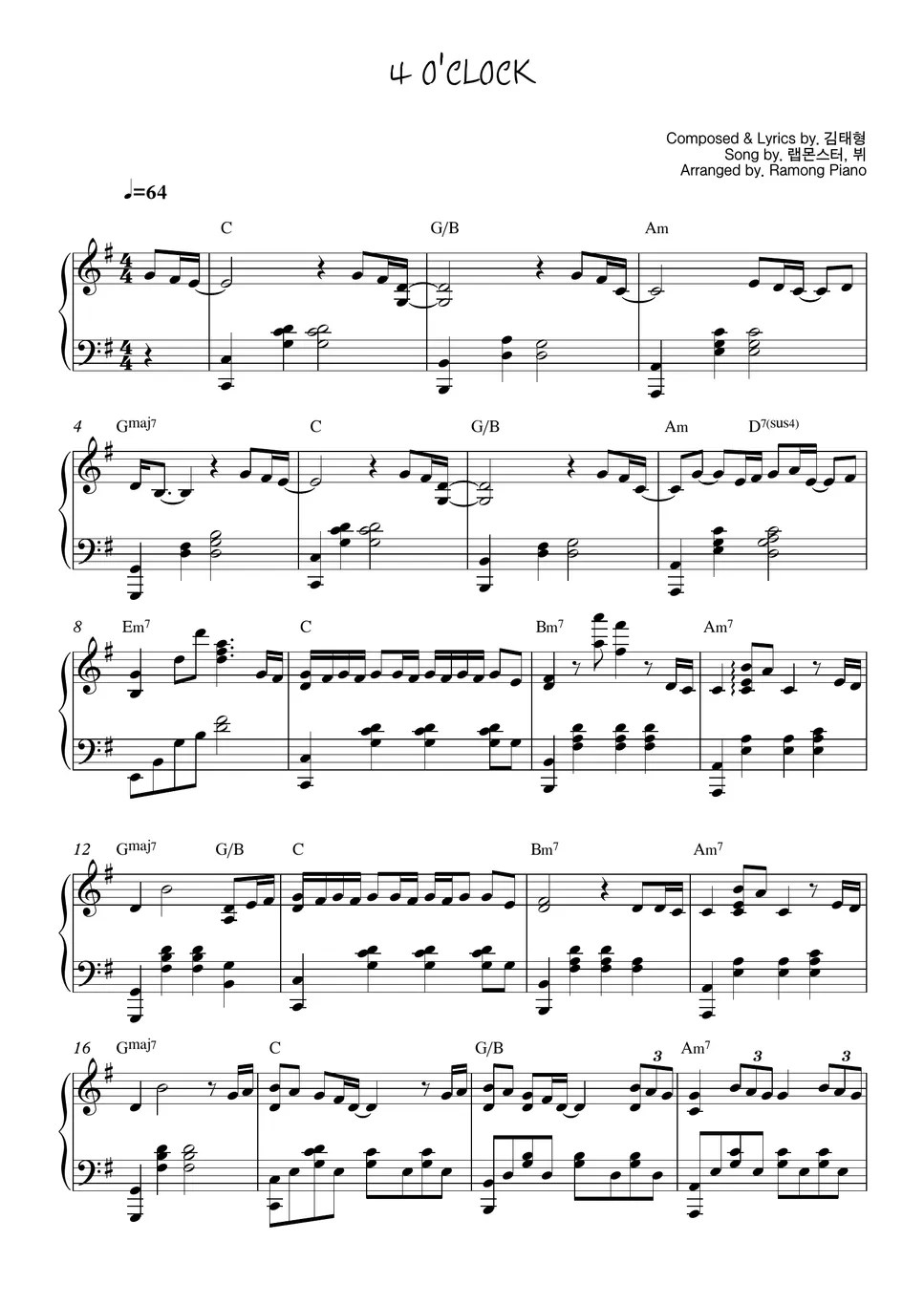 BTS V, RM 4 O'CLOCK Sheet by Ramong Piano