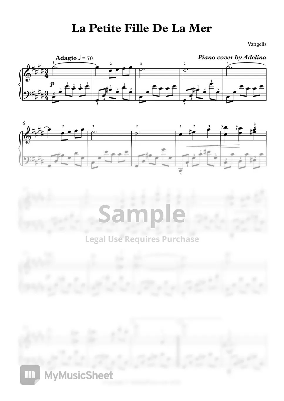 Vangelis La Petite Fille De La Mer Sheets by Adelina Piano