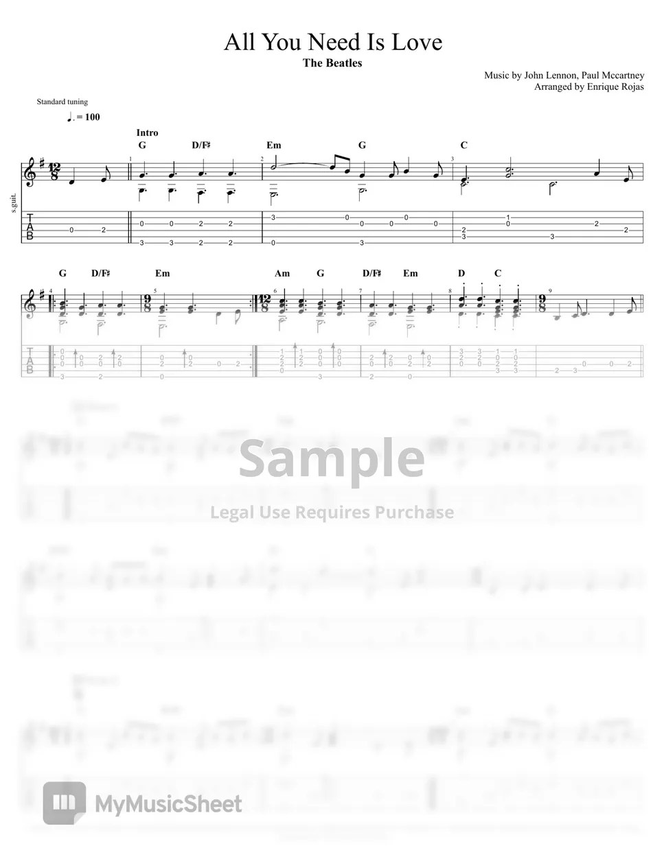 The Beatles All You Need Is Love Tab + 1staff by Enrique Rojas