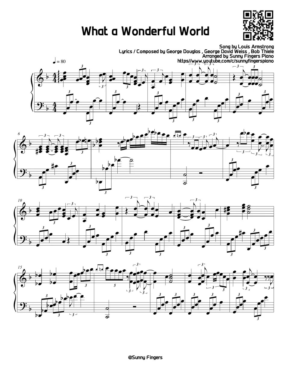 Louis Armstrong What a Wonderful World Sheets by Sunny Fingers Piano